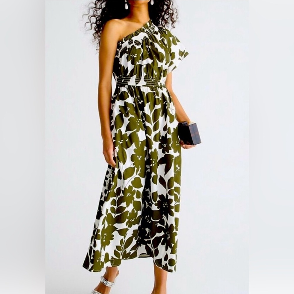 J. Crew Olive Green Floral One Shoulder Smock Dress